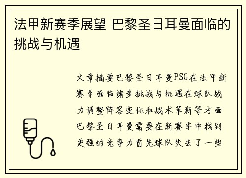 法甲新赛季展望 巴黎圣日耳曼面临的挑战与机遇
