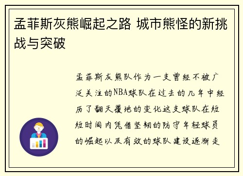 孟菲斯灰熊崛起之路 城市熊怪的新挑战与突破